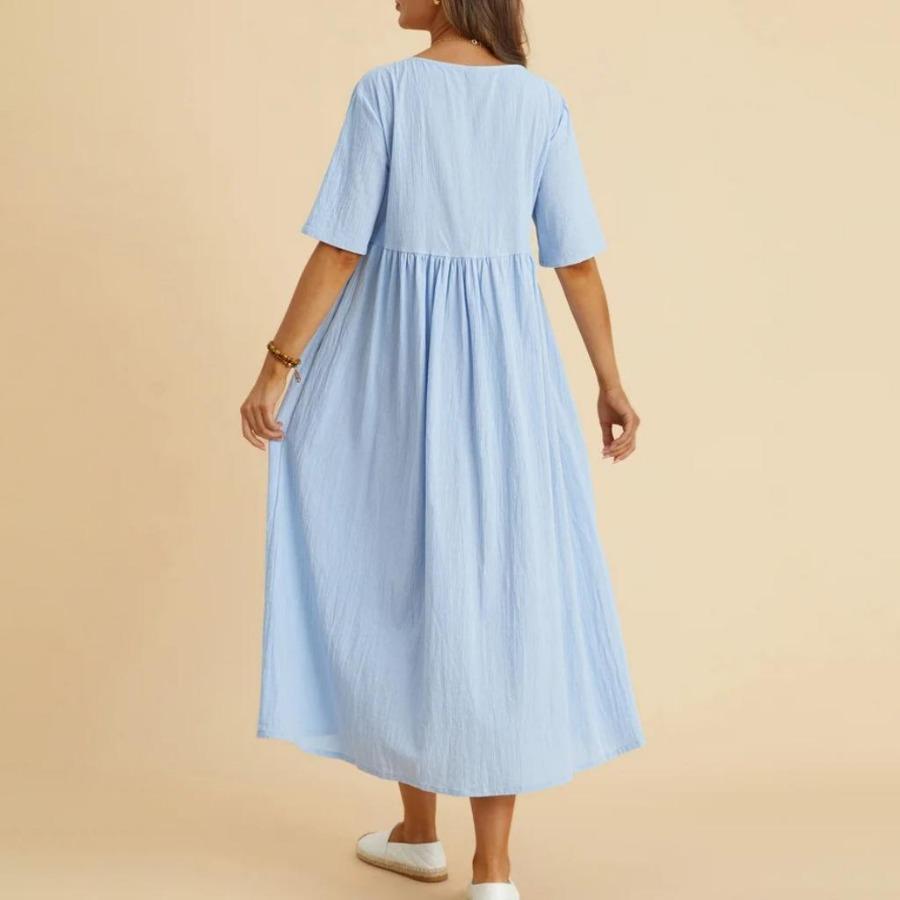 Modisches, einfarbiges Kleid für Damen, großes, lockeres, mittellanges Kleid aus Baumwollleinen mit Rundhalsausschnitt und fünfteiligen Ärmeln