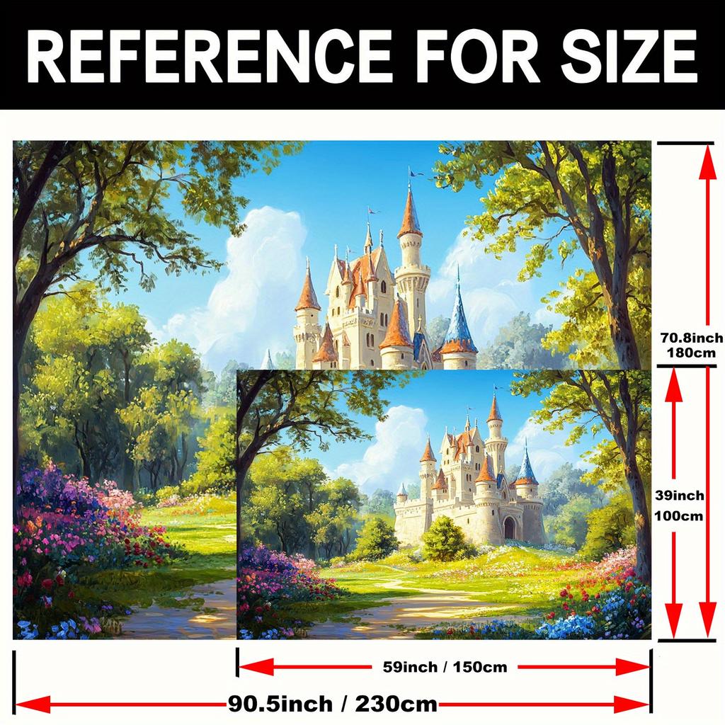 1pc Spring Fairy Tale Castle Background Polyester Banner a Beautiful Castle In the Spring Garden. Party Background Decoration