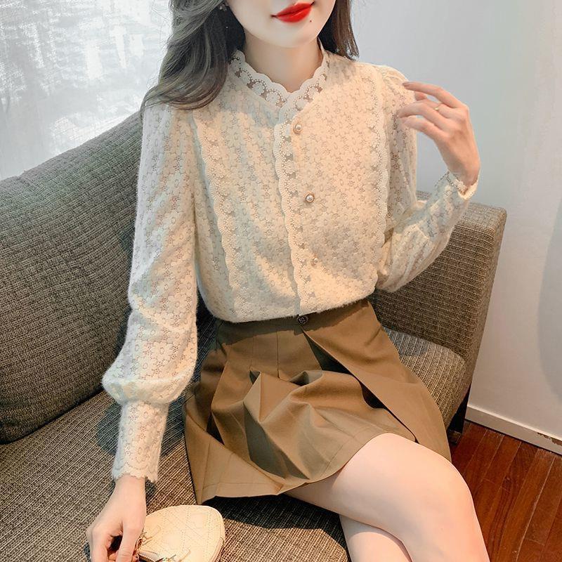 Women's Plush Lace Long-Sleeve Shirt - Stylish and Warm Autumn/Winter 2024 Top