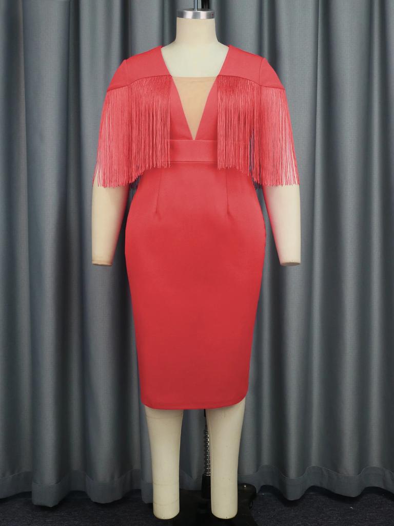 AOMEI Střapcové midi šaty pro ženy Tyl nadměrných velikostí s výstřihem do V Krátké třásně rukávy Empire Bodycon Narozeninové večerní společenské šaty