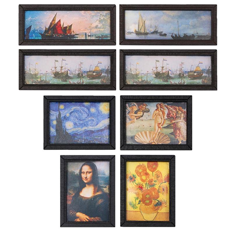 8 stk 1:12 Dukkehus Miniatyr Oljemaleri Veggmaleri Foto Vegg Bilde Scene Dekor