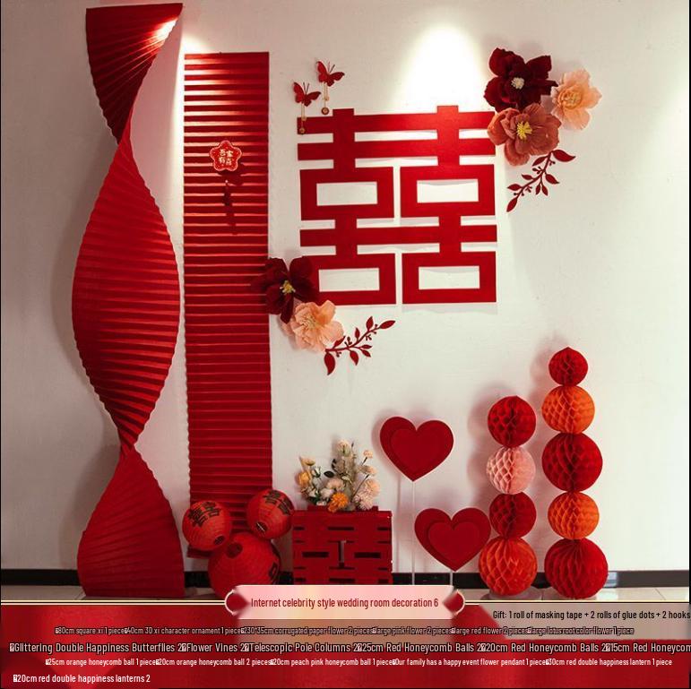 3D Floral Wedding Decor Set: Paper Flowers & Double Happiness Wall Stickers for Bedroom & Living Room