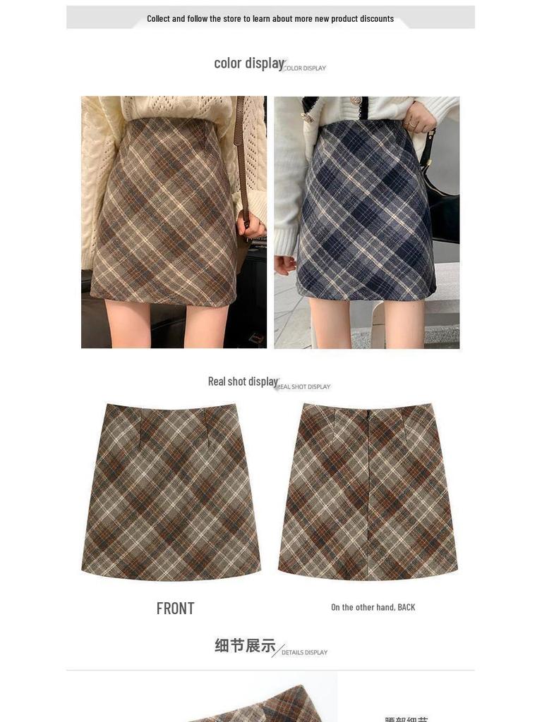 Plus Size Woolen Plaid High Waist A-Line Midi Skirt for Fall/Spring
