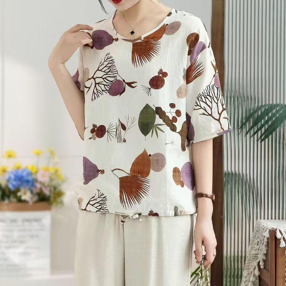 Pure Cotton Summer Loose Plus Size Women's Retro Printed Age-reducing Short-sleeved T-shirt