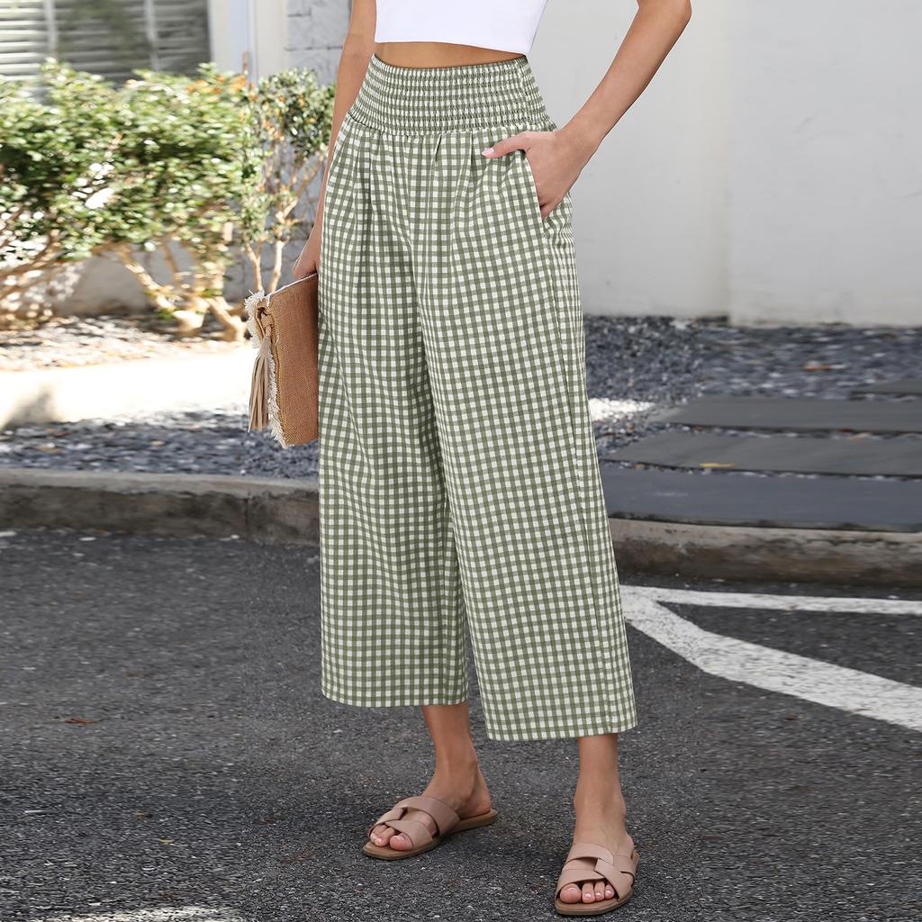 Women's Fashion Loose Pleated Elastic Waist Pocket Checkered Casual /10 Pants