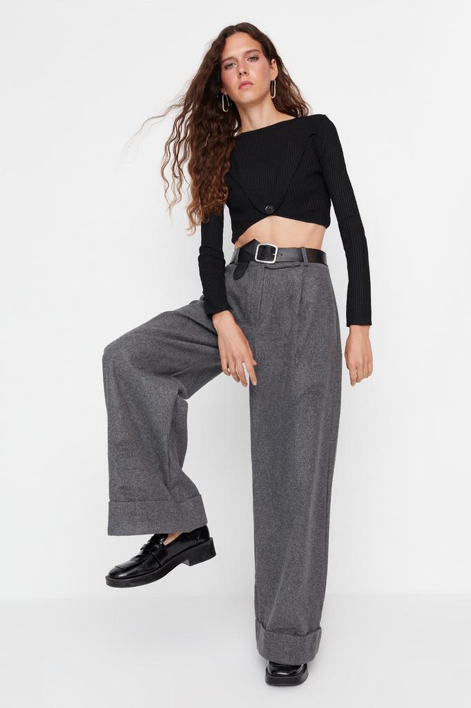 Women's Trousers Fashion New Season Anthracite Wide Leg Wide Leg High Waist Woven Trousers