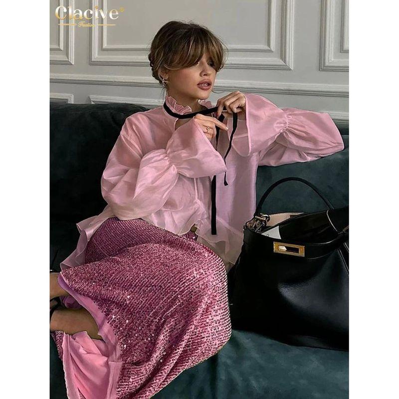 

Женская рубашка с V-образным вырезом, кружевной сеткой и длинными рукавами Pink S(S)