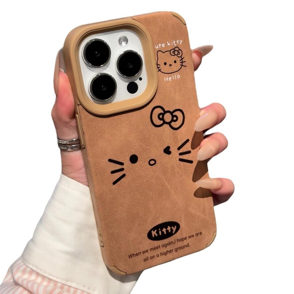 Retro Brown Large Hole Leather Cat Suitable for Apple 16promax Mobile Phone Case 14 New IPhone 15 Cartoon