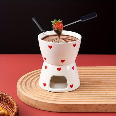 Heart Print Ceramic Fondue With 2 Forks Set Cute Butter Warmer Set Melting Pot Set For Chocolate Cheese Candy Party Supplies