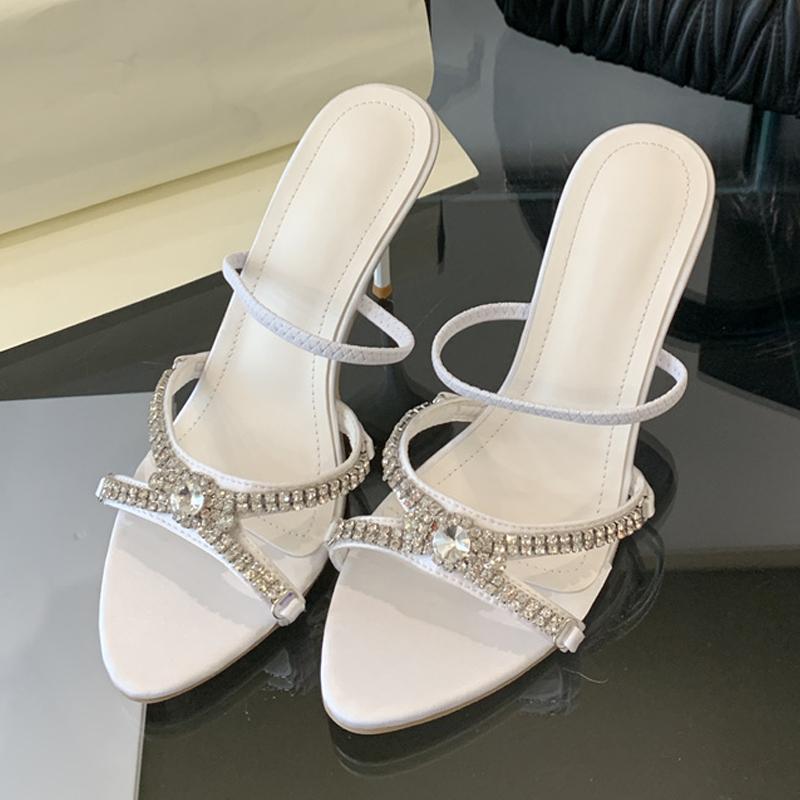 

Модные летние женские шлепанцы Liyke, модные хрустальные туфли на тонком каблуке с открытым носком, уличный стиль, для вечеринок стриптизерш, слайды Zapatos Mujer 35 белый