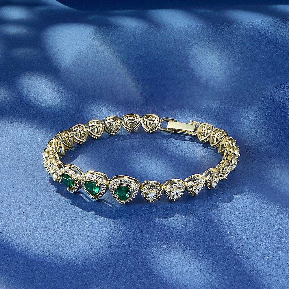 Green White Heart Zircon 14K Gold Plated Stunning Copper Tennis Bracelet