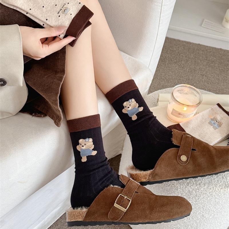 Female Spring and Autumn Polka Dot Striped Cartoon Bear Cloth Logo Collision Color Tube Pile Socks