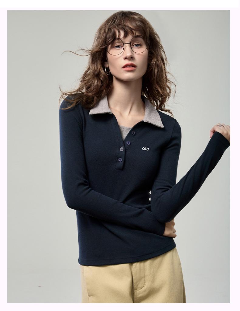 Dámský podzim 2025 Slim Fit top s polokošilí, barevný blok, dlouhý rukáv