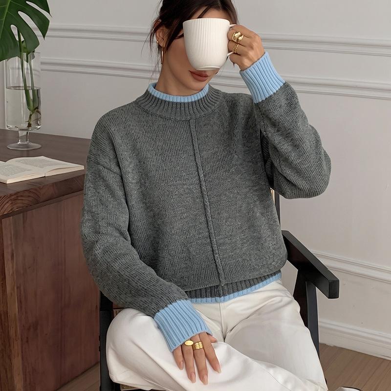 MIFICY Women's Fashion Casual Fall Winter Colour Block Print Long Sleeve Half Turtleneck Sweaters