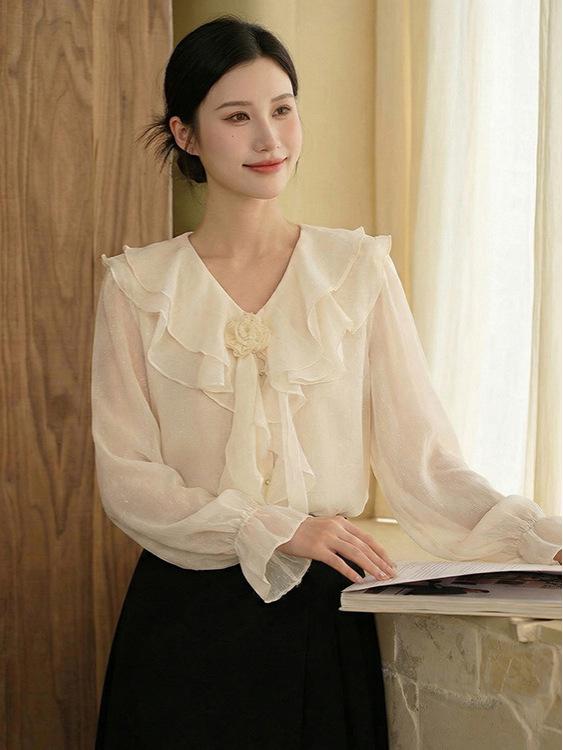 Fei Yuan Women s Ruffle Ribbon V-Neck Blouse - Versatile Solid Color Top for Early Spring One Size абрикосовый