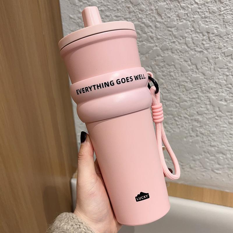 

710 мл модная термофляга из нержавеющей стали 304 с трубочкой, герметичная, для кофе, чая, холодных напитков, автомобильная термобутылка, дорожный стакан 710ml розовый