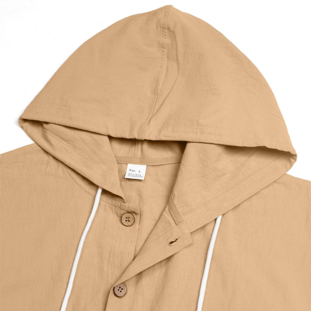Men's Linen Shirt Solid Streetwear Long Sleeve Hoodie Cardigan Clothing for Men Button Tops Casual Loose Men Hooded Shirt