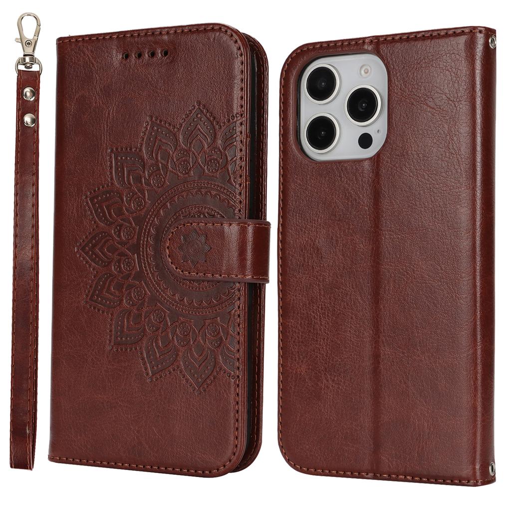 For iPhone 16 Pro Stand Case Textured Leather Wallet Phone Cover with Strap
