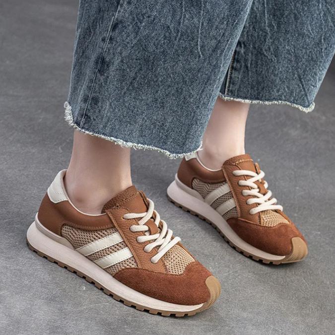 Johnature Sports Casual Women's Shoes Breathable Mesh Splicing Genuine Leather Lace Up Comfortable Sneakers