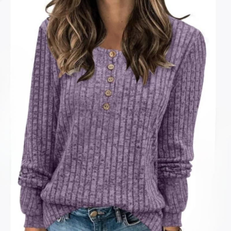 Women's Round Neck, Pit Stripe, Frosted, Solid Color Button, Solid Color Long Sleeved T-shirt