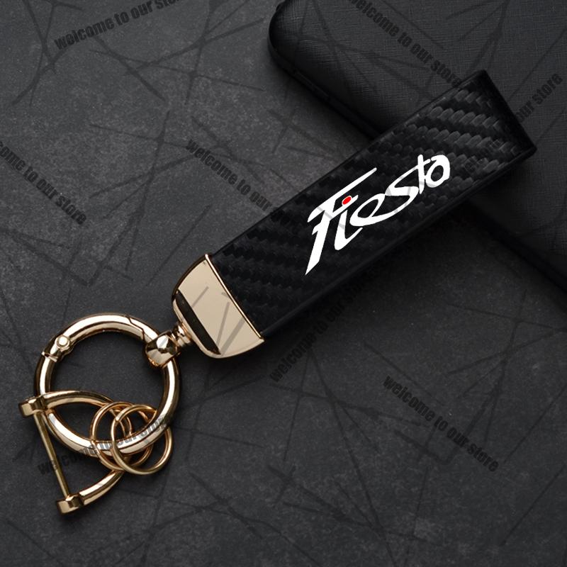 AAAMG1 Car Keychain For Ford Fiesta ST MK6 MK7 MK8 Logo Carbon Fiber Leather Zinc Alloy Emblem Key Chain Accessories