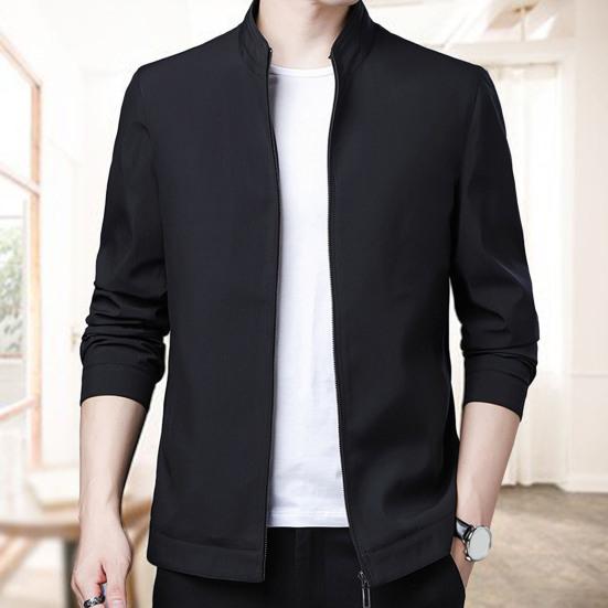 Men Spring Fall Coat Stand Collar Solid Color Long Sleeves Zipper Cardigan Slim Fit Formal Business Pockets Men Suit Jacket