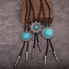 Metal Flower Stone Pendant Western Bolo Tie Faux Leather Rope Necktie Necklace Shirt Collar Chain Jewelry Neckwear