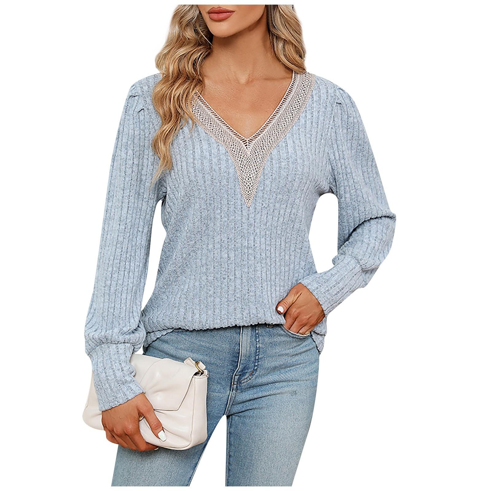 

Женский повседневный модный пуловер с v-образным вырезом, однотонный, свободный, с длинными рукавами и кружевной кромкой, однотонная футболка XXL светло-синий