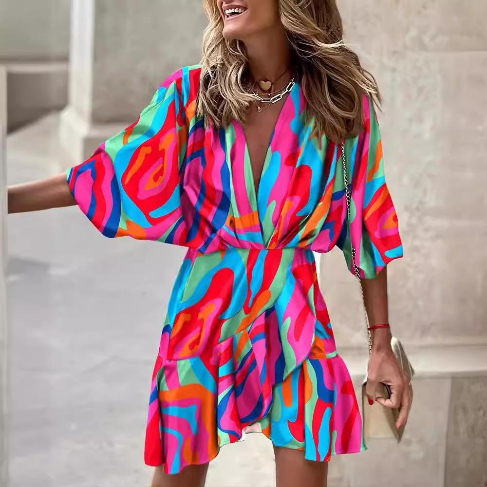 QICED Women's Autumn Bat Sleeve V-Neck Hem Irregular Dresses