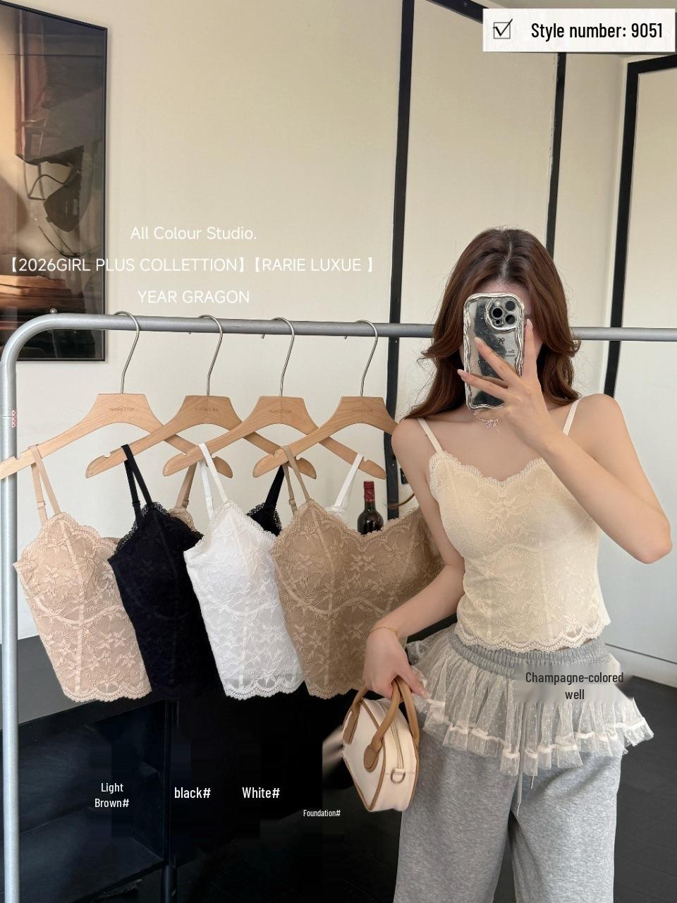 

9051# Elegant French Lace Back Camisole with Chest Pads - Women s Spring Lingerie White [With Hanger]