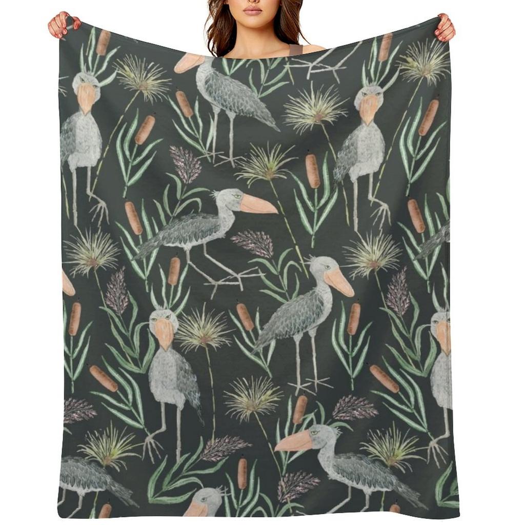 The Magnificent Shoebill | Watercolor Pattern Throw Blanket Thermal Blankets and Throws Flannels Custom Blankets