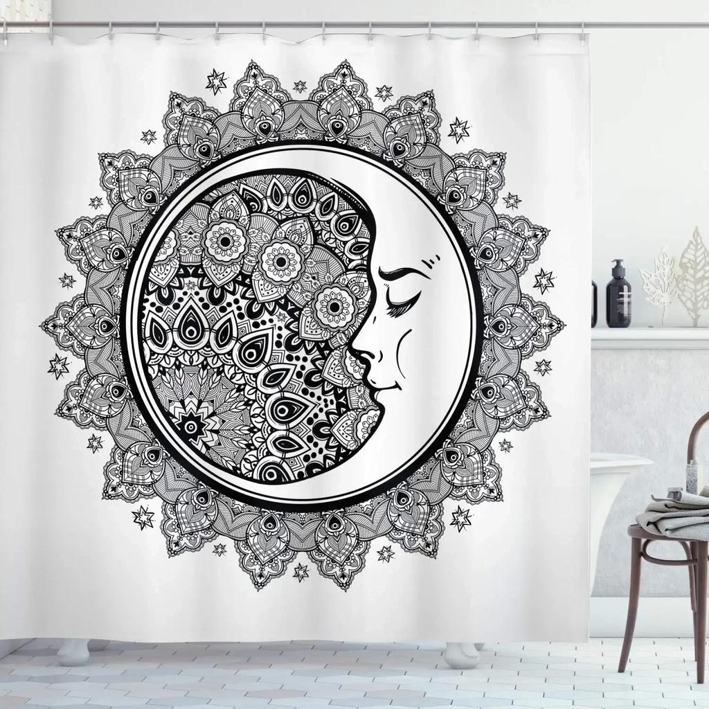 Shower Curtain Moon Star Black and White Waterproof Polyester Fabric Bathroom Curtains Home Decor Hooks
