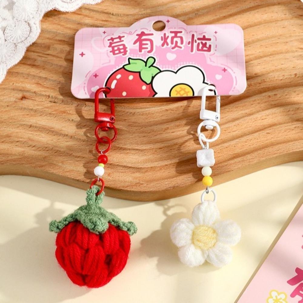 1pair Bag Hanging Knitted Flower Pendant Charms Car Keyrings Cute Crochet Fruit Keychains Female