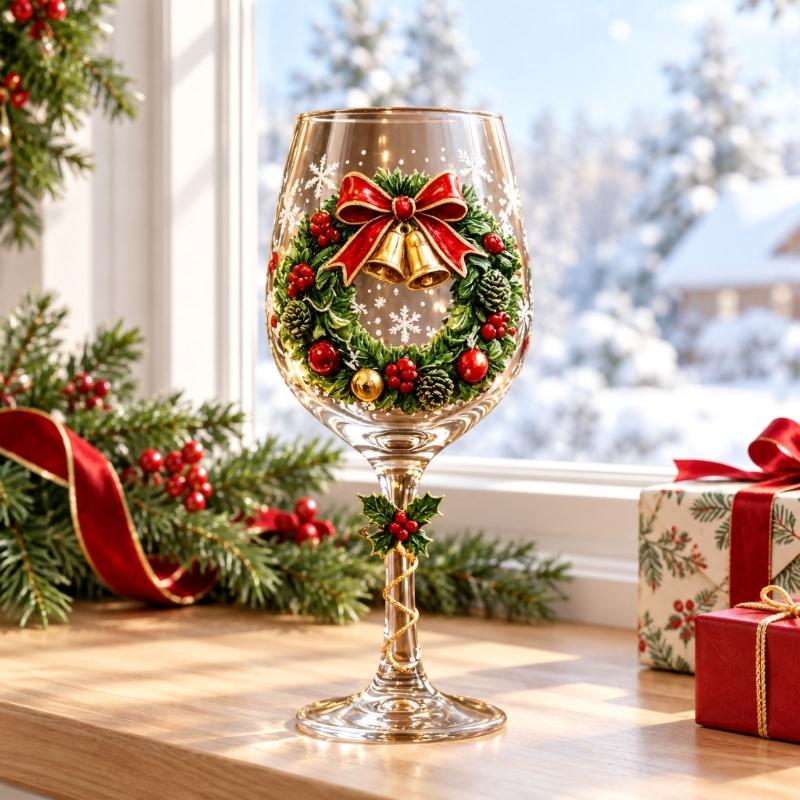 Clear Glass Christmas Wine Glasses Set of 6 with Raised Holiday Artwork and Six Different Scenes for Wine, Cocktails, Cocoa and Seasonal Entertaining