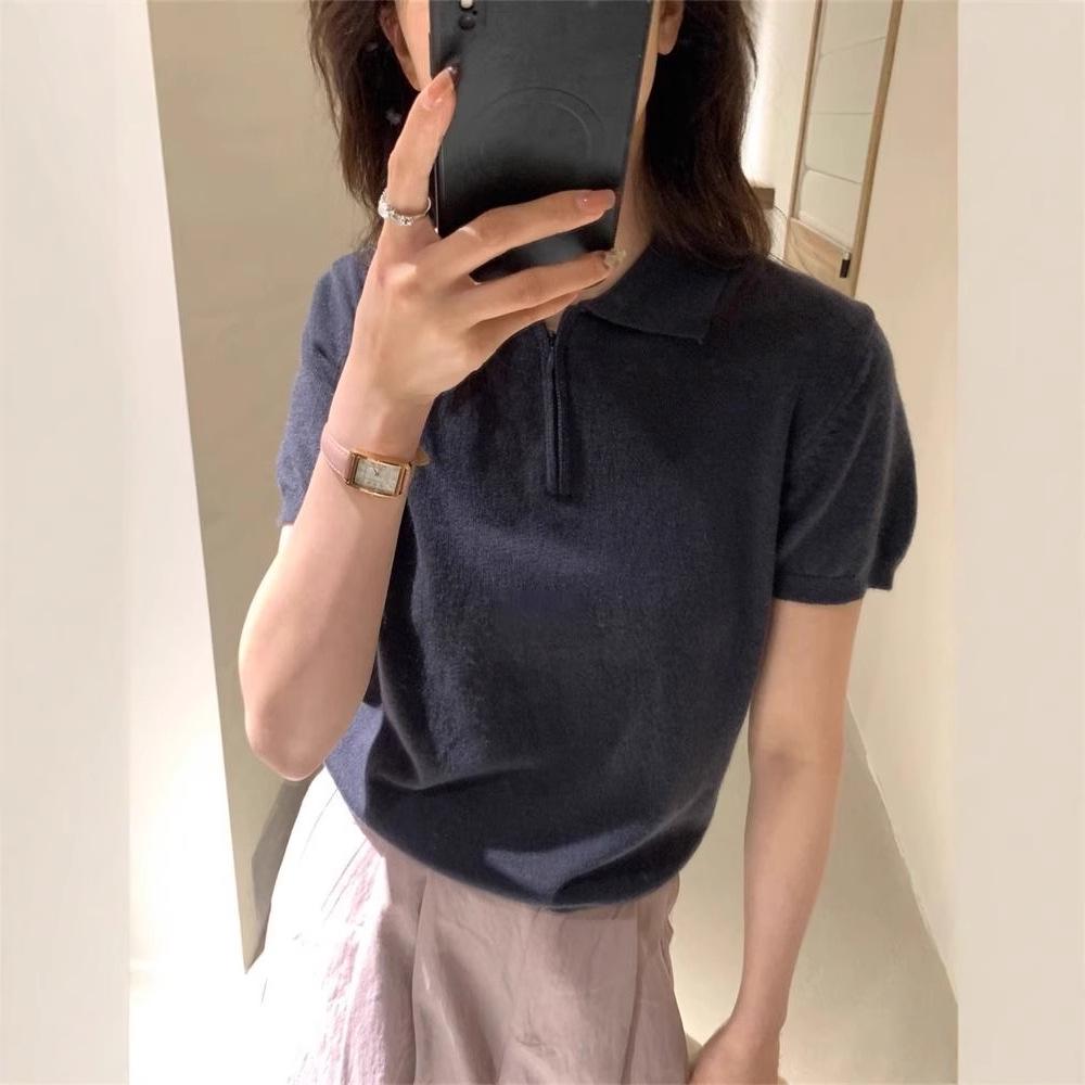 

Summer Korean Half-Zip Collared Short Sleeve Slim Knit Polo Top for Women 2XL