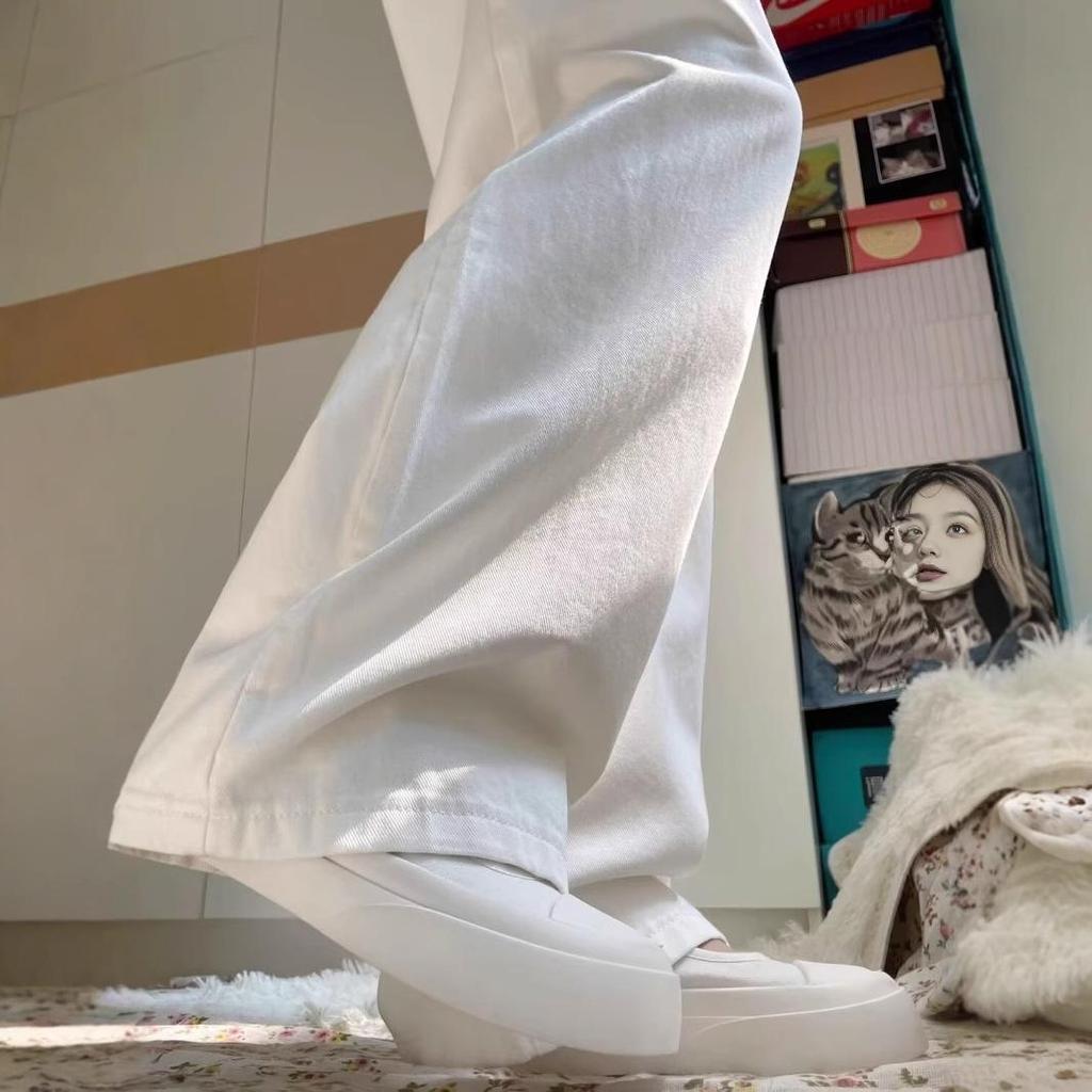 Women's White Wide-Leg Jeans, 2025 Spring/Summer, Pleated High-End, Loose Drapey Full-Length Pants.