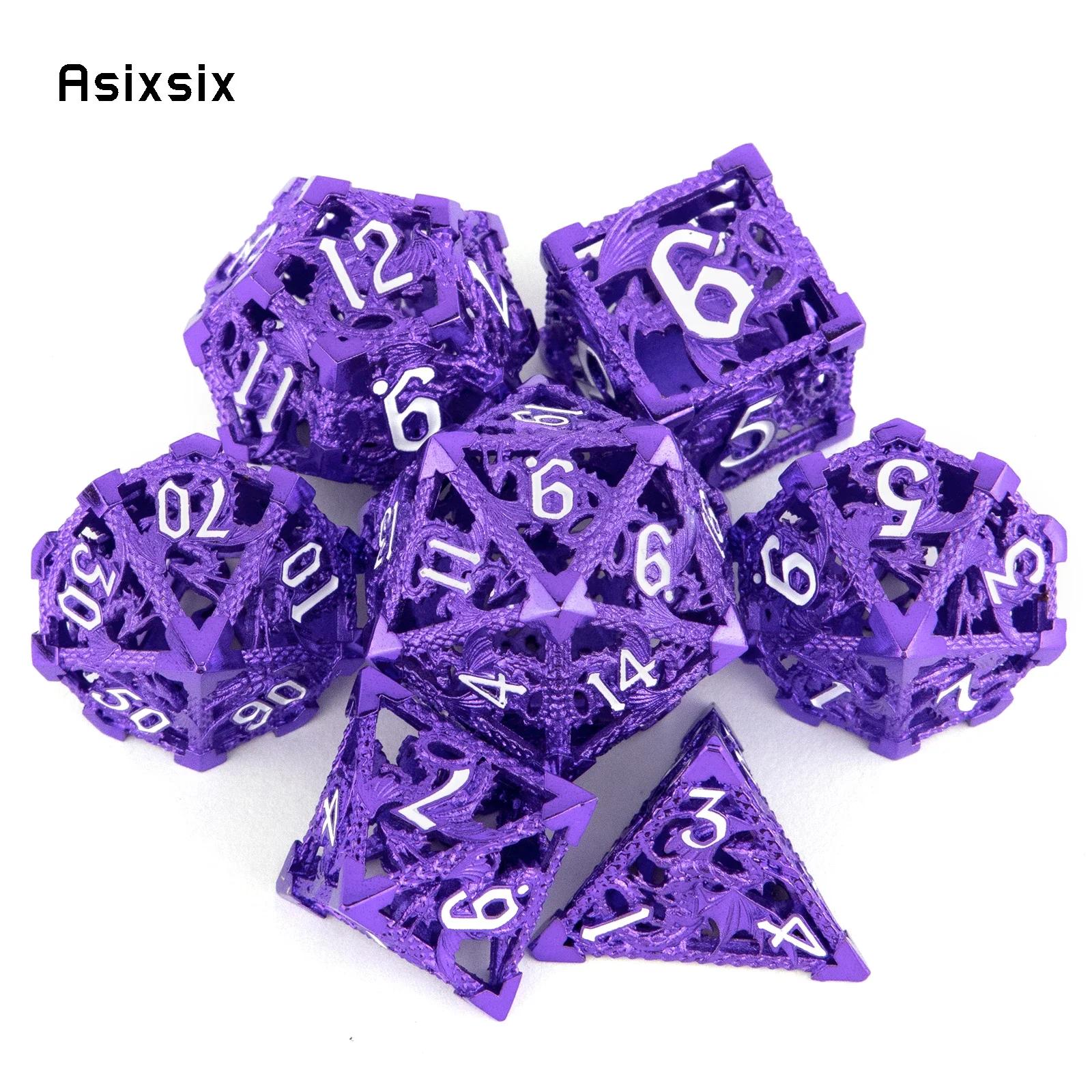 7 Pcs Purple Flying Dragon Metal Dice Hollow Metal Polyhedral Dice Set Suitable For Role-Playing Dice PropBoard Game Gift