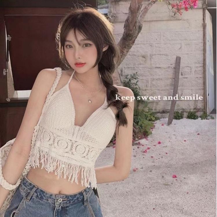 Seaside Fashion Sexy Suspender Vest Lace-up Knitted Beach Beauty Back Holiday Backless Tube Top Hollow Short Top