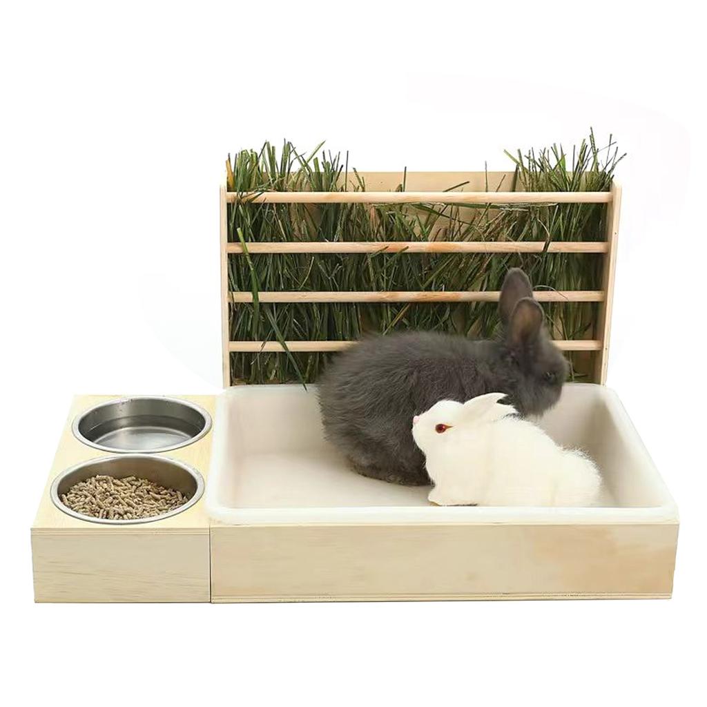 Mangiatoia per fieno per conigli 3 in 1 con lettiera e 2 ciotole Animali Mangiatoia per fieno Rastrelliera per erba e cibo per cavie
