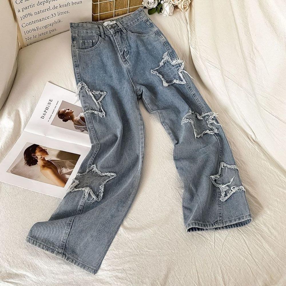 Pantaloni a vita alta con gamba dritta, a vita alta, con grafica a stella coreana, primavera autunno, jeans larghi, pantaloni in denim da donna, retro hip hop, harajuku
