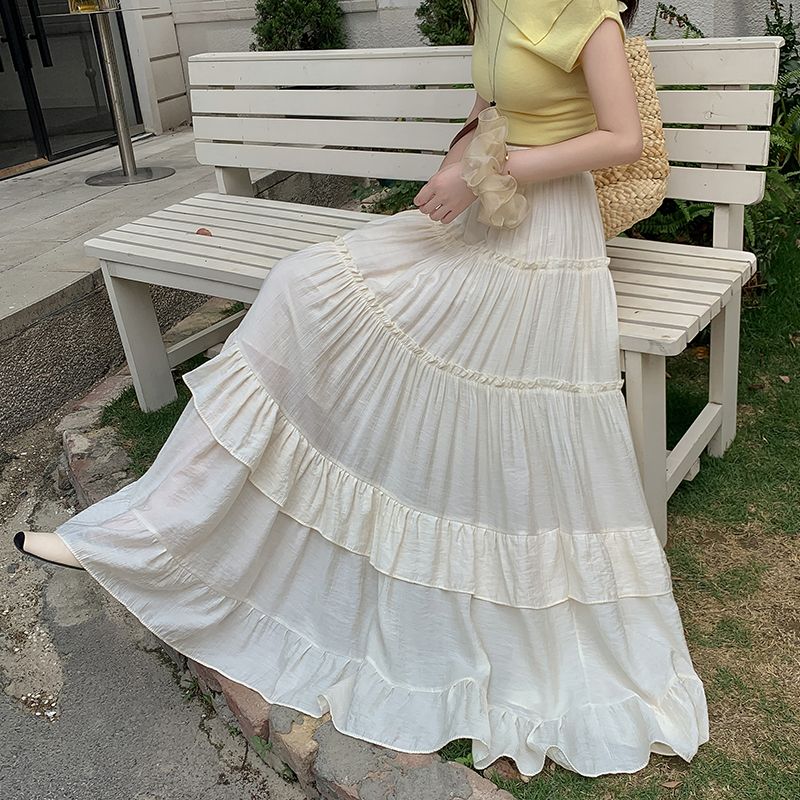 White Tiered Ruffle Hem Skirt High Waist Flowy A-Line Maxi Skirt, Summer Chiffon Layered Skirt with Pleats