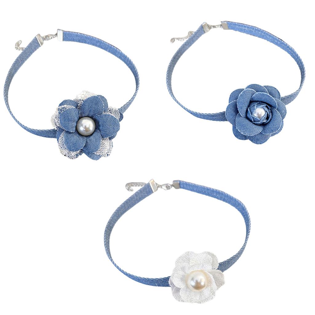 Elegante blaue Denim-Blumenkette 3D-Blumen-Collier-Kette Schnür-Choker-Halsketten Sommer Trendige Schlüsselbeinkette Schmuck