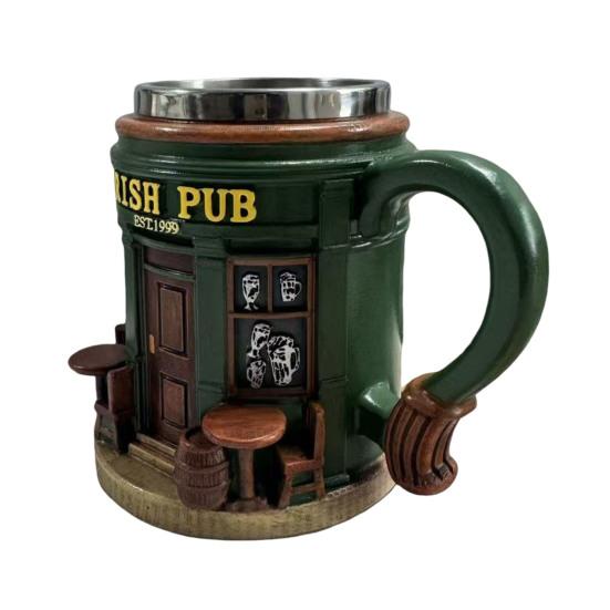 Irish Pub Stein Beer Mug Sculpted Ceramic Coffee Cup with Classic Bar Design 300ml Embossed Tea Mug Gift for Beer Lovers