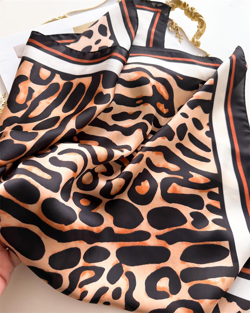 Luxury Leopard Print Shawl Square Scarf for Women Soft Satin Fashion Wraps Neckerchief Female Hair Bands Ribbon Headband Bandana