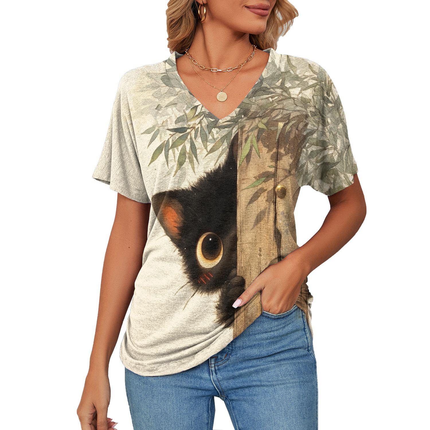 

Летняя женская футболка оверсайз, свободная одежда с v-образным вырезом и животными, футболка с милым кошачьим принтом, простая игривая модная уличная одежда 2024 6XL