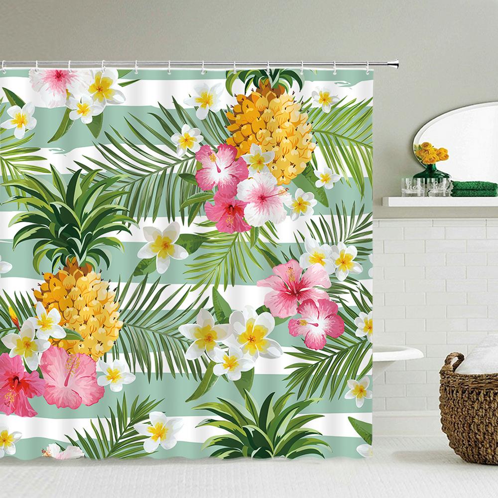 Fresh Pineapple Flower Tropical Green Plants Shower Curtain 3D Bath Screen Waterproof Fabric Bathroom Decoration Shower Curtains