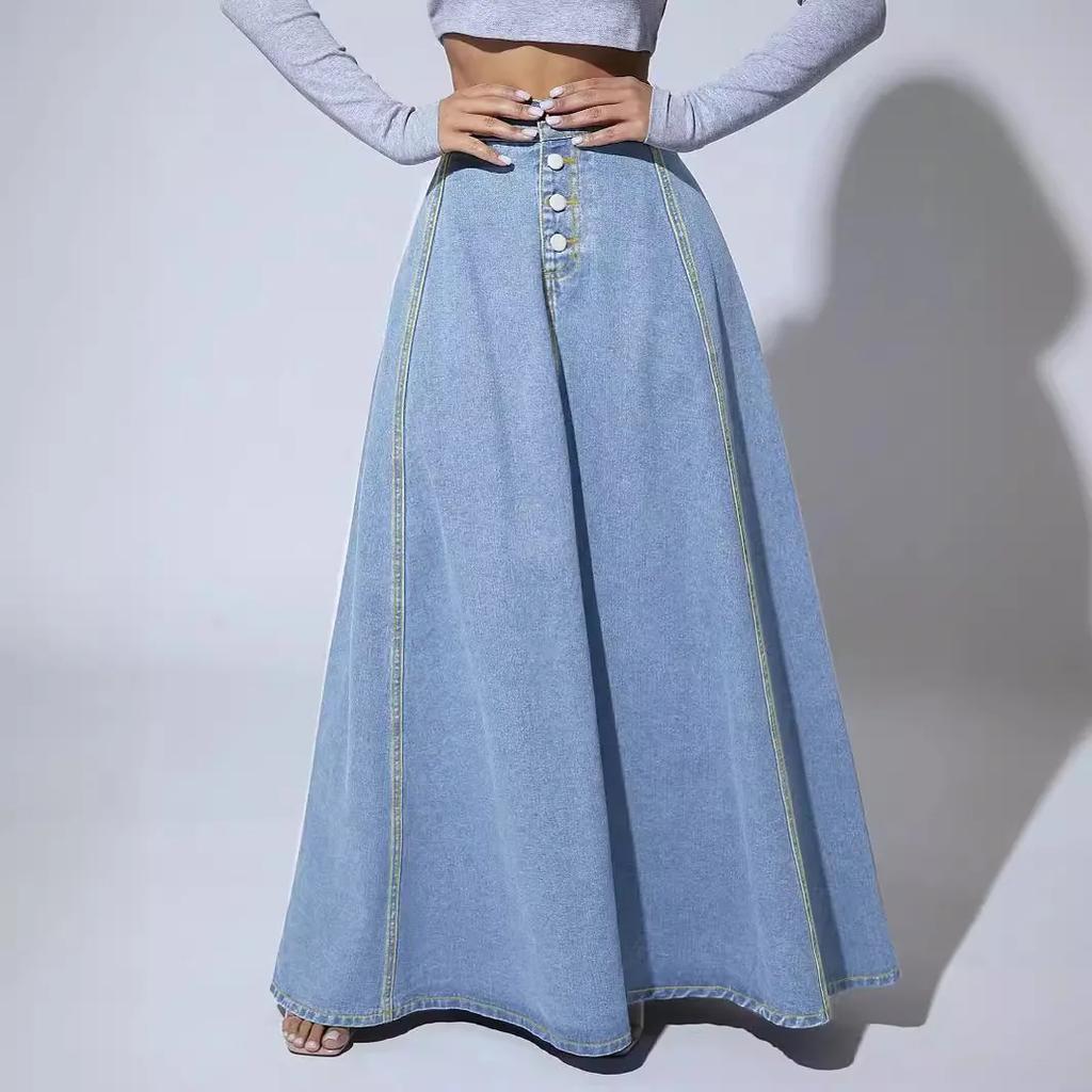 Denim Skirts Women Long Skirt A Line Single Breasted High Waist Jeans Vintage Maxi Simple Casual Elegant Splice Y2k Streetwear