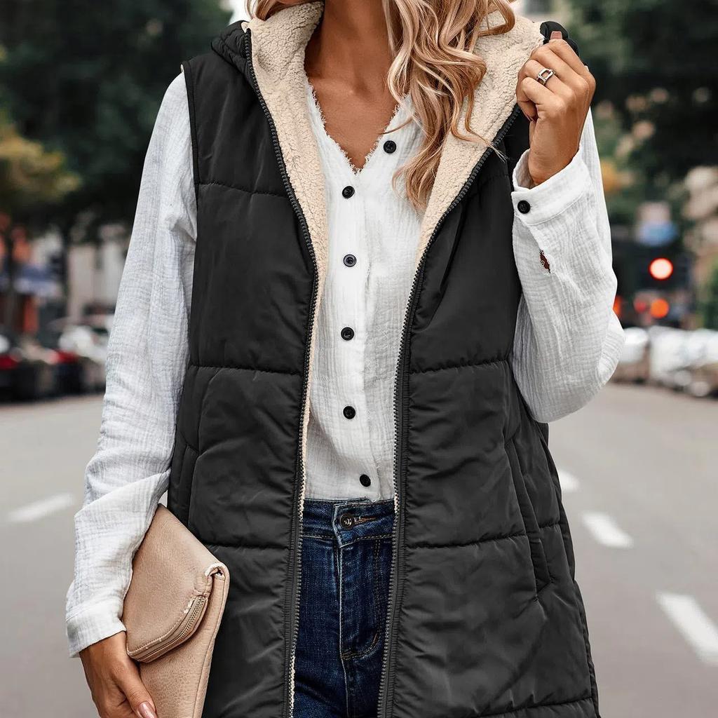 Womens 2025 Fall Reversible Vests Sleeveless Fleece Jacket Zip Up Hoodie Pockets Long Warm Winter Coat