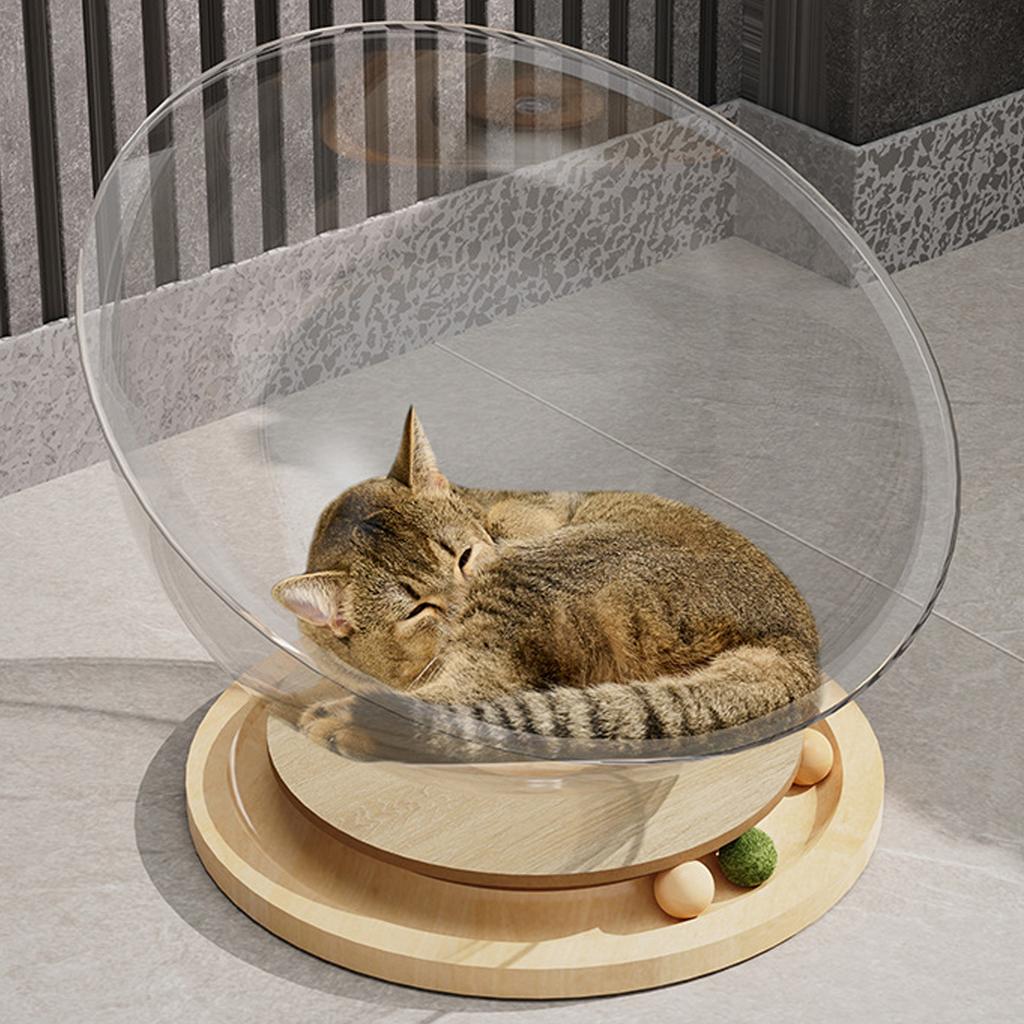 Space Capsule Cat Bed Clear Acrylic with Wood Turntable Catnip Ball Track Toy Elevated Cat Bed for Cats Sleeping Playing