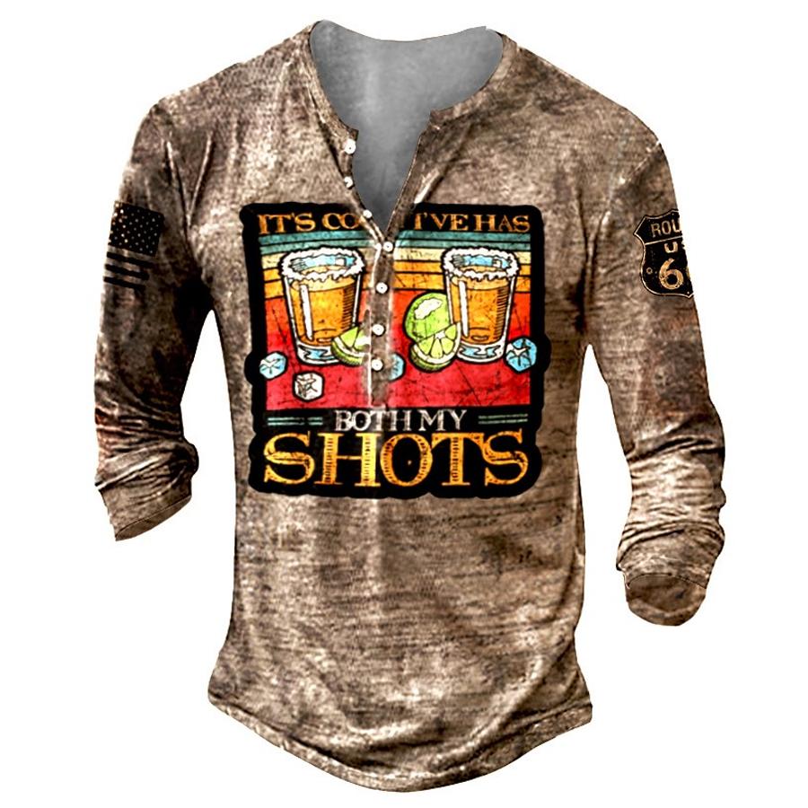 Men Clothes Autumn Casual Long Sleeve Round Neck Button T Shirt Men Sport 3D Digital Print Tops Henry's Shirt